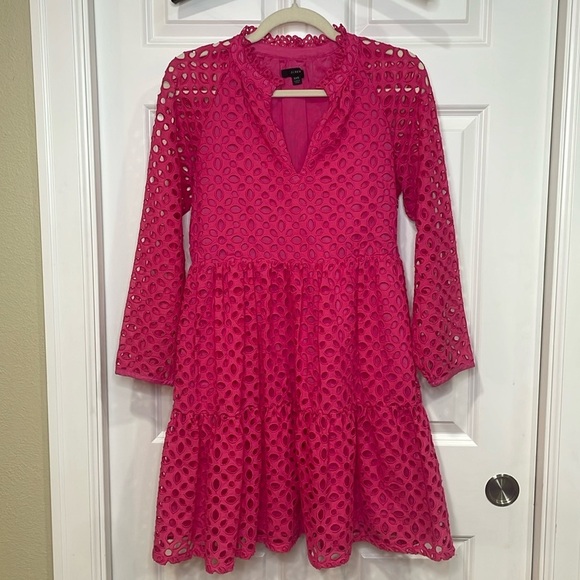J.Crew Tiered Popover Dress Sz XXS Embroidered Eyelet  Split Neck Long Sleeve - Picture 1 of 17